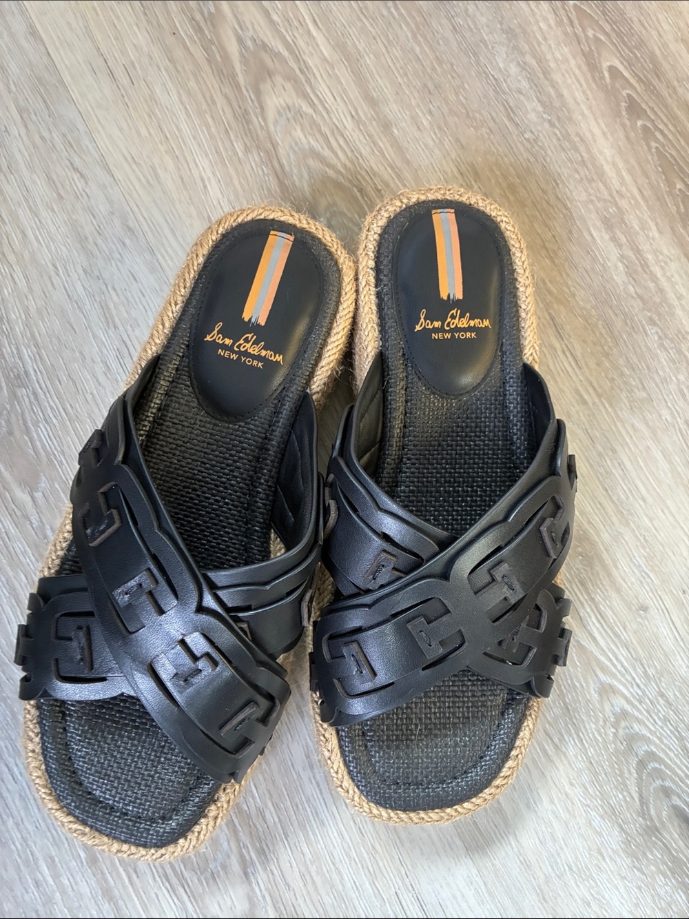 Sam Edelman Pria Black Braided Leather Slide Sandals with Jute Trim